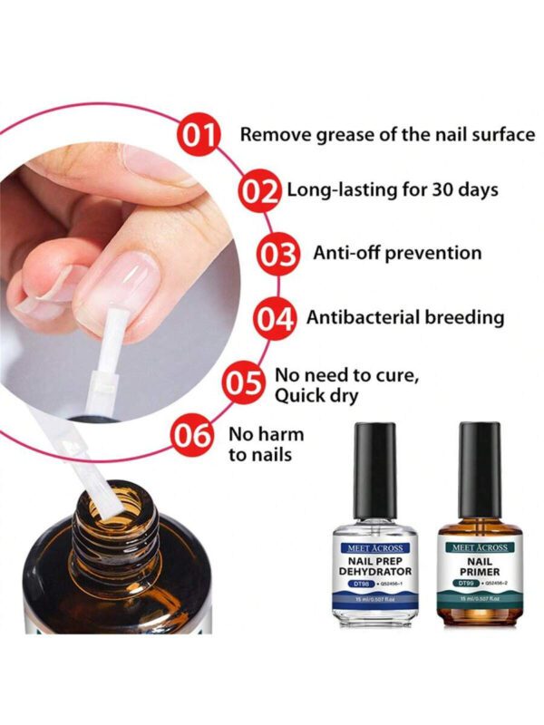 MEET ACROSS 5 pièces Ensemble de vernis à ongles en gel, 15 ml Préparateur d'ongles sans acide, Kit de Nail Art sans besoin de lampe UV LED, avec base gel 7 ml, top coat sans essuyage et top coat mat démaquillant Ensemble de manucure gel UV LED. Fournitures pour les ongles, Art des ongles DIY Salon à domicile Cadeau pour femmes – Image 4
