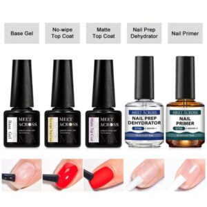 MEET ACROSS 5 pièces Ensemble de vernis à ongles en gel, 15 ml Préparateur d'ongles sans acide, Kit de Nail Art sans besoin de lampe UV LED, avec base gel 7 ml, top coat sans essuyage et top coat mat démaquillant Ensemble de manucure gel UV LED. Fournitures pour les ongles, Art des ongles DIY Salon à domicile Cadeau pour femmes