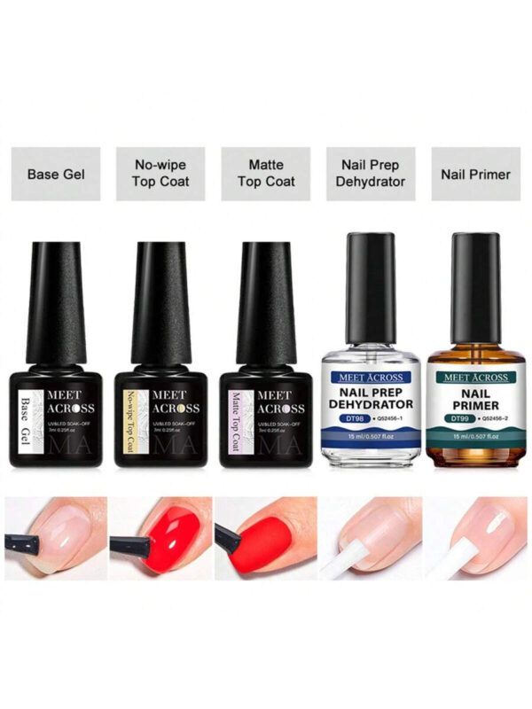 MEET ACROSS 5 pièces Ensemble de vernis à ongles en gel, 15 ml Préparateur d'ongles sans acide, Kit de Nail Art sans besoin de lampe UV LED, avec base gel 7 ml, top coat sans essuyage et top coat mat démaquillant Ensemble de manucure gel UV LED. Fournitures pour les ongles, Art des ongles DIY Salon à domicile Cadeau pour femmes – Image 13
