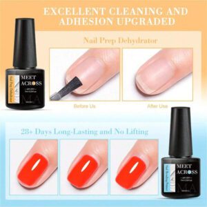 MEET ACROSS 5 pièces Ensemble de vernis à ongles en gel, 15 ml Préparateur d'ongles sans acide, Kit de Nail Art sans besoin de lampe UV LED, avec base gel 7 ml, top coat sans essuyage et top coat mat démaquillant Ensemble de manucure gel UV LED. Fournitures pour les ongles, Art des ongles DIY Salon à domicile Cadeau pour femmes