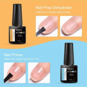 MEET ACROSS 5 pièces Ensemble de vernis à ongles en gel, 15 ml Préparateur d'ongles sans acide, Kit de Nail Art sans besoin de lampe UV LED, avec base gel 7 ml, top coat sans essuyage et top coat mat démaquillant Ensemble de manucure gel UV LED. Fournitures pour les ongles, Art des ongles DIY Salon à domicile Cadeau pour femmes