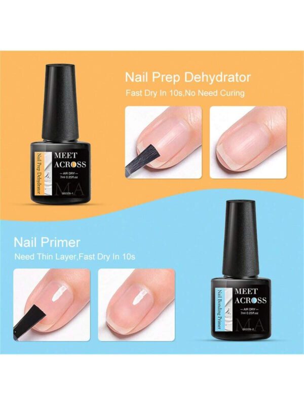 MEET ACROSS 5 pièces Ensemble de vernis à ongles en gel, 15 ml Préparateur d'ongles sans acide, Kit de Nail Art sans besoin de lampe UV LED, avec base gel 7 ml, top coat sans essuyage et top coat mat démaquillant Ensemble de manucure gel UV LED. Fournitures pour les ongles, Art des ongles DIY Salon à domicile Cadeau pour femmes – Image 27