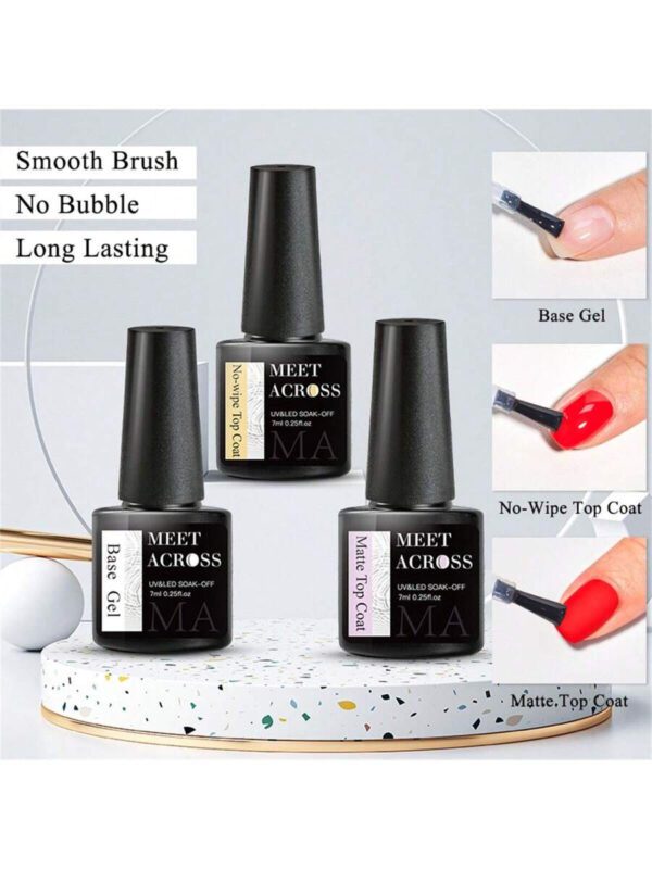 MEET ACROSS 5 pièces Ensemble de vernis à ongles en gel, 15 ml Préparateur d'ongles sans acide, Kit de Nail Art sans besoin de lampe UV LED, avec base gel 7 ml, top coat sans essuyage et top coat mat démaquillant Ensemble de manucure gel UV LED. Fournitures pour les ongles, Art des ongles DIY Salon à domicile Cadeau pour femmes – Image 22