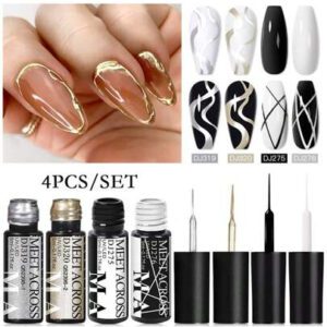 Ensemble de 4 pièces vernis à ongles en gel de doublure de peinture, vernis à ongles en gel métallique miroir, vernis à ongles en gel noir blanc avec ligne d'araignée peinte, pour l'art des ongles, le dessin acrylique, la conception des ongles français, kit de manucure de salon de maison pour femmes
