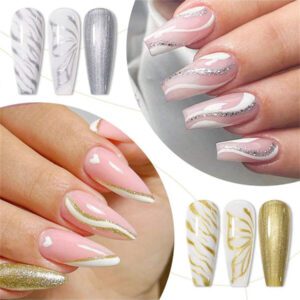 3 pièces/set Traceur de gel métallique pour Nail Art, ensemble de vernis à ongles en gel chrome or argent. Avec un pinceau fin intégré. Nécessite une peinture au métal, un vernis rayure et un gel de polymérisation pour une utilisation à la maison ou au salon.