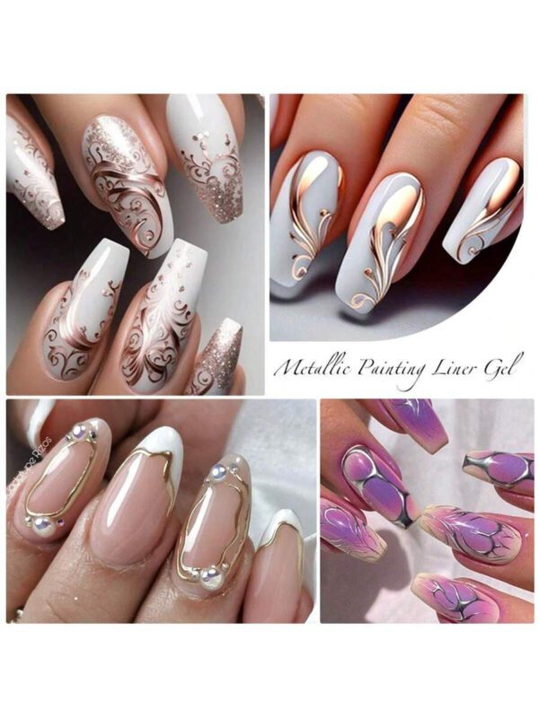 Ensemble de 4 pièces vernis à ongles en gel de doublure de peinture, vernis à ongles en gel métallique miroir, vernis à ongles en gel noir blanc avec ligne d'araignée peinte, pour l'art des ongles, le dessin acrylique, la conception des ongles français, kit de manucure de salon de maison pour femmes – Image 17