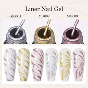 3 pièces/set Traceur de gel métallique pour Nail Art, ensemble de vernis à ongles en gel chrome or argent. Avec un pinceau fin intégré. Nécessite une peinture au métal, un vernis rayure et un gel de polymérisation pour une utilisation à la maison ou au salon.