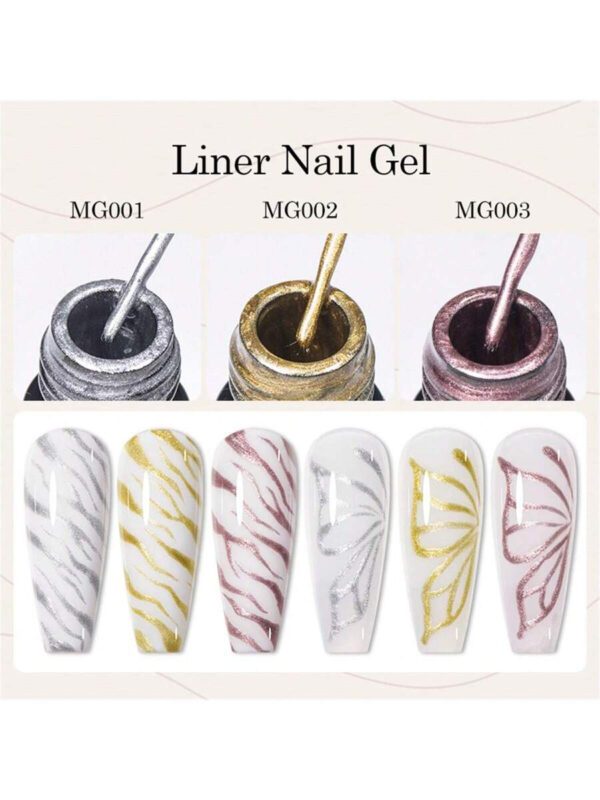 3 pièces/set Traceur de gel métallique pour Nail Art, ensemble de vernis à ongles en gel chrome or argent. Avec un pinceau fin intégré. Nécessite une peinture au métal, un vernis rayure et un gel de polymérisation pour une utilisation à la maison ou au salon. – Image 5