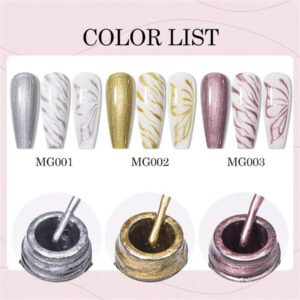 3 pièces/set Traceur de gel métallique pour Nail Art, ensemble de vernis à ongles en gel chrome or argent. Avec un pinceau fin intégré. Nécessite une peinture au métal, un vernis rayure et un gel de polymérisation pour une utilisation à la maison ou au salon.