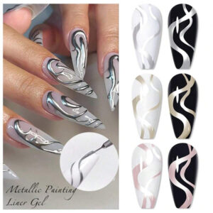 Ensemble de 4 pièces vernis à ongles en gel de doublure de peinture, vernis à ongles en gel métallique miroir, vernis à ongles en gel noir blanc avec ligne d'araignée peinte, pour l'art des ongles, le dessin acrylique, la conception des ongles français, kit de manucure de salon de maison pour femmes