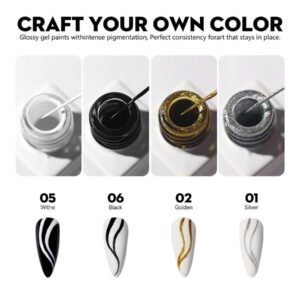 [Ultra-fin] Vernis à ongles en gel pour le nail art - Comprend un gel doré, argenté, blanc et noir avec un pinceau super-fin pour les lignes françaises, le graffiti et les motifs rayés - et un vernis en gel inodore