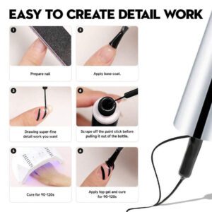 [Ultra-fin] Vernis à ongles en gel pour le nail art - Comprend un gel doré, argenté, blanc et noir avec un pinceau super-fin pour les lignes françaises, le graffiti et les motifs rayés - et un vernis en gel inodore
