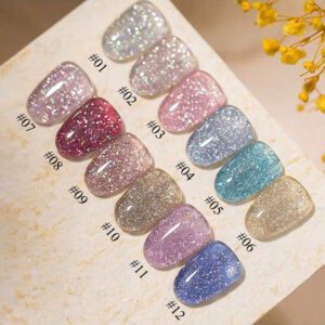 MIANEL 12 ml/pièce Vernis à ongles gel scintillant à l'aspect diamant brisé, style flash automnal 2025. Nouveaux vernis gel rouges brillants, pour ongles blancs, rouges, violets, verts, noirs, sous lampe UV. Fournitures pour manucure, vernis marron, pour Halloween, Noël, usage spécial en salon de beauté.