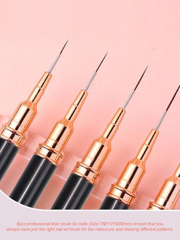 Set de pinceaux professionnels pour la peinture de détails sur les ongles, 5 petits pinceaux pour la conception et la technique de vernis à ongles, avec des lignes fines, des rayures, des pointes aux dimensions 7/9/11/ 15/20 mm, crayon à ongles de longueur de corps fine – Image 10