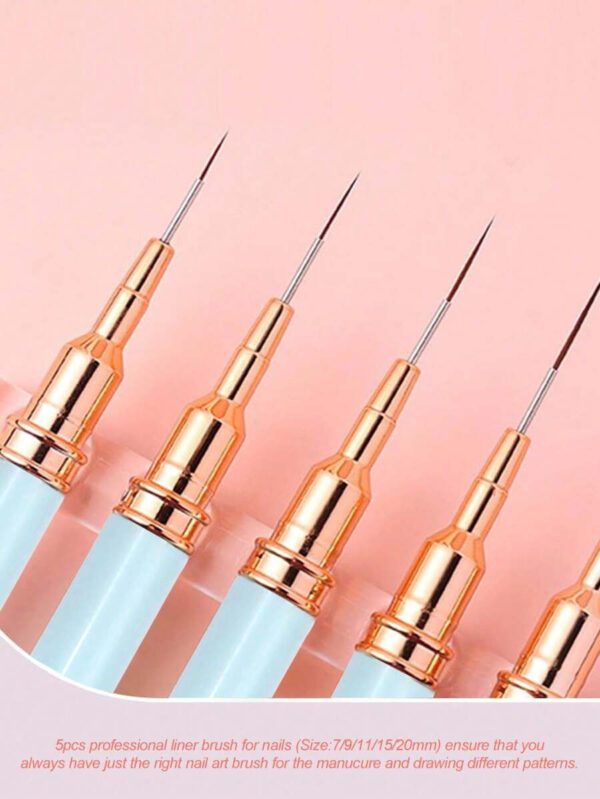 Set de pinceaux professionnels pour la peinture de détails sur les ongles, 5 petits pinceaux pour la conception et la technique de vernis à ongles, avec des lignes fines, des rayures, des pointes aux dimensions 7/9/11/ 15/20 mm, crayon à ongles de longueur de corps fine – Image 24