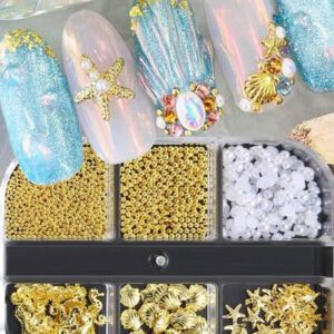 6 grilles Accessoires de clous en métal avec coquillages dorés, étoiles de mer, rivets, boules en acier et faux perles. Décorations d'art pour ongles 3D avec coquillages et étoiles d'été. Éléments de manucure DIY, pierres précieuses pour ongles et fournitures pour ongles
