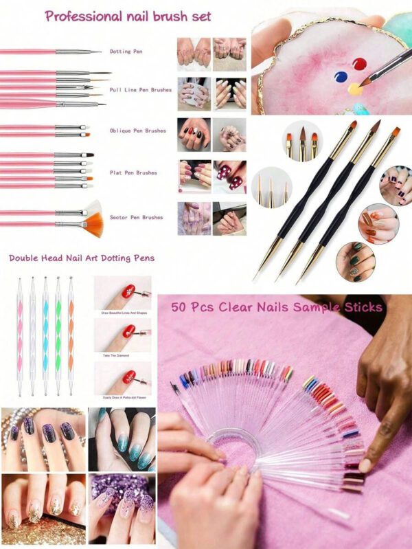 15/22 pièces Ensemble d'outils pour nail art rose, comprenant 15 pinceaux pour nail art, 1 palette de résine pour la peinture de nail art, 5 stylos en silicone acrylique bicolores pour la gravure et le pointillage, kit de manucure, planche d'affichage de maquillage DIY, pour la maison et le salon. – Image 10