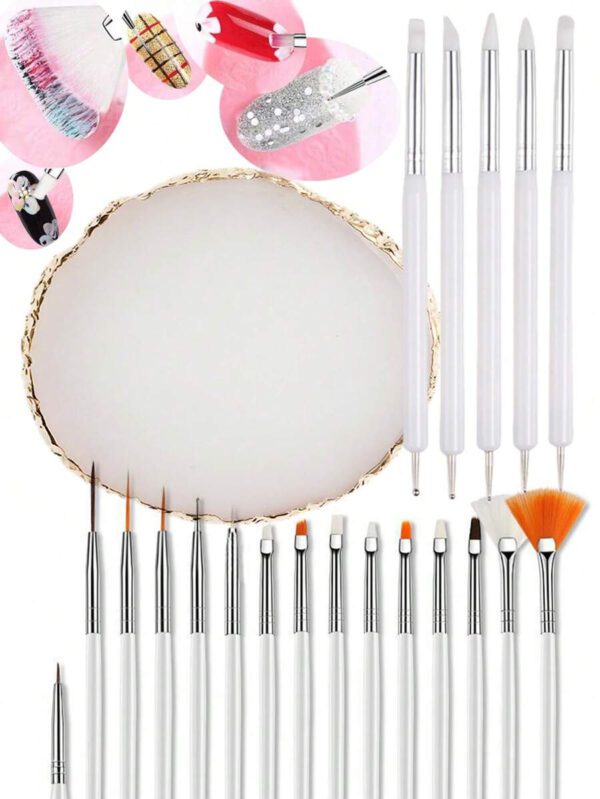 15/22 pièces Ensemble d'outils pour nail art rose, comprenant 15 pinceaux pour nail art, 1 palette de résine pour la peinture de nail art, 5 stylos en silicone acrylique bicolores pour la gravure et le pointillage, kit de manucure, planche d'affichage de maquillage DIY, pour la maison et le salon. – Image 22