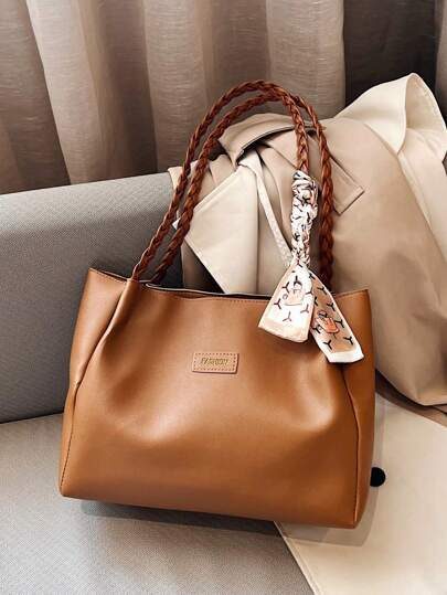Sac à main polyvalent de couleur unie pour femmes, grand sac à bandoulière en PU Malist avec décoration d'écharpe de soie, sacs fourre-tout légers et de grande capacité pour le travail de bureau quotidien, sac fourre-tout carré mode et imperméable, cadeau de vacances pour maman, sac d'école, grande capacité, portable, décontracté chic, convient aux adolescentes, aux étudiantes, aux employés de bureau, parfait pour la rentrée scolaire, le collège, le lycée, le travail, les affaires, les trajets