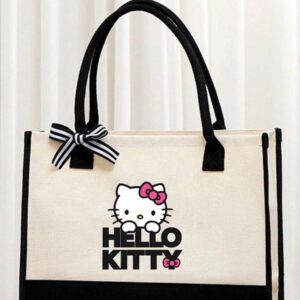 Sanrio 1 pièce Sac cabas en canevas avec décoration de nœud de personnage de dessin animé Sanrio chat, convient pour le shopping ou les courses