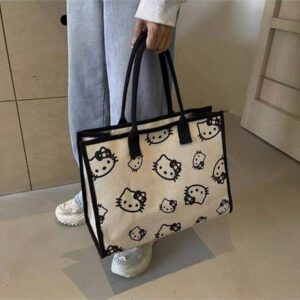 Sanrio Sac cabas en canevas Hello chat de Sanrio, sac à main de grande capacité, sac à épaule casual, polyvalent pour les déplacements, les voyages et le rangement des articles de toilette et cosmétiques