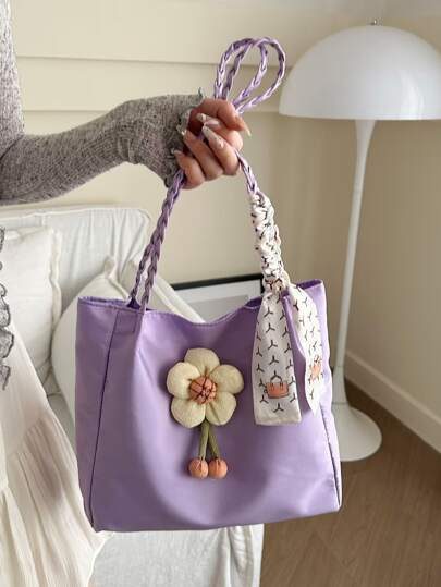 Sac bandoulière tissé à la mode, couleur unie, joliment décoré de fleurs, avec foulards. Idéal pour le shopping, les portefeuilles, les courses, les jeunes femmes, les étudiantes, les nouveaux arrivants et les cols blancs. Idéal pour le bureau, l'université, le travail, les affaires, les déplacements domicile-travail, les activités de plein air, les voyages et les sorties.