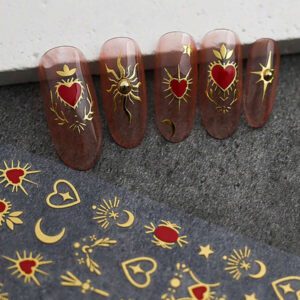 1 feuille Autocollants d'art pour ongles 3D dorés en forme de cœur, 1 pièce Décalcomanies de glissières d'étoiles holographiques Y2K soleil pour manucure Décoration pour décorations d'art pour les ongles de la Saint-Valentin