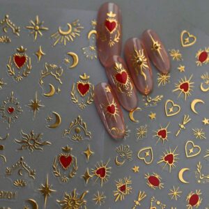 1 feuille Autocollants d'art pour ongles 3D dorés en forme de cœur, 1 pièce Décalcomanies de glissières d'étoiles holographiques Y2K soleil pour manucure Décoration pour décorations d'art pour les ongles de la Saint-Valentin
