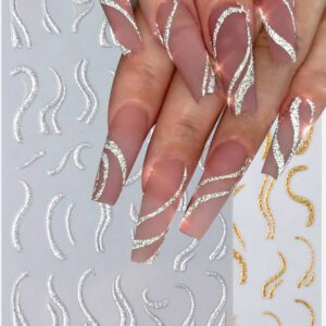 3 Pièces Or Rose Ligne Française Autocollants Nail Art Relief Strass Rayures Vague Y2k Courbe De Relief Métallique Design Japonais Décalcomanies Nail Art Manucure Décor