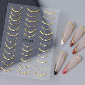 3 Pièces Or Rose Ligne Française Autocollants Nail Art Relief Strass Rayures Vague Y2k Courbe De Relief Métallique Design Japonais Décalcomanies Nail Art Manucure Décor