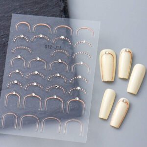3 Pièces Or Rose Ligne Française Autocollants Nail Art Relief Strass Rayures Vague Y2k Courbe De Relief Métallique Design Japonais Décalcomanies Nail Art Manucure Décor
