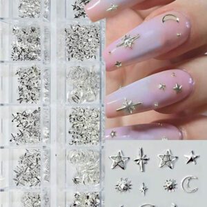 1 boîte de rivets en forme d'étoile, de lune, de cœur et de triangle pour la décoration des ongles des doigts et des orteils. Bijoux de clou d'art 3D en métal doré de style punk. 6 grilles de paillettes et breloques pour ongles pour DIY. Fournitures pour ongles.