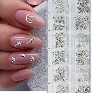 1 boîte de rivets en forme d'étoile, de lune, de cœur et de triangle pour la décoration des ongles des doigts et des orteils. Bijoux de clou d'art 3D en métal doré de style punk. 6 grilles de paillettes et breloques pour ongles pour DIY. Fournitures pour ongles.
