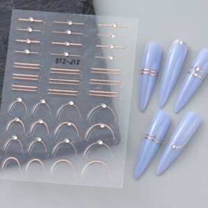 3 Pièces Or Rose Ligne Française Autocollants Nail Art Relief Strass Rayures Vague Y2k Courbe De Relief Métallique Design Japonais Décalcomanies Nail Art Manucure Décor