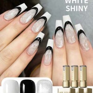 XEIJAYI 3 pièces 15ml Jeu de gels à ongles noirs, blancs et brillants. Semi-permanents, art des ongles trempés, UV LED. Kit professionnel de salon de manucure DIY pour le printemps et l'été