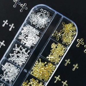 1 boîte de rivets en forme d'étoile, de lune, de cœur et de triangle pour la décoration des ongles des doigts et des orteils. Bijoux de clou d'art 3D en métal doré de style punk. 6 grilles de paillettes et breloques pour ongles pour DIY. Fournitures pour ongles.