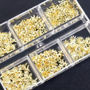 1 boîte de rivets en forme d'étoile, de lune, de cœur et de triangle pour la décoration des ongles des doigts et des orteils. Bijoux de clou d'art 3D en métal doré de style punk. 6 grilles de paillettes et breloques pour ongles pour DIY. Fournitures pour ongles.