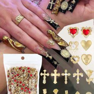 64 pièces Ensemble de charms pour ongles dorés avec pierres précieuses dorées, roses dorées, cœurs, croix dorées et charms de la Vierge Marie - Décorations de charms pour ongles 3D chromés Y2K, fournitures pour ongles