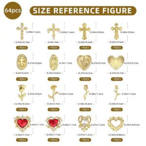 64 pièces Ensemble de charms pour ongles dorés avec pierres précieuses dorées, roses dorées, cœurs, croix dorées et charms de la Vierge Marie - Décorations de charms pour ongles 3D chromés Y2K, fournitures pour ongles