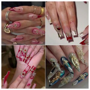 64 pièces Ensemble de charms pour ongles dorés avec pierres précieuses dorées, roses dorées, cœurs, croix dorées et charms de la Vierge Marie - Décorations de charms pour ongles 3D chromés Y2K, fournitures pour ongles