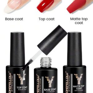 YOKEFELLOW 10 ml YOKEFELLOW Vernis à ongles gel, base et top coat mat sans essuyage, finition brillante et haute brillance longue durée, fournitures de salon de manucure à tremper sous UV LED, produits essentiels de manucure et de nail art pour salons et utilisation à domicile pour femmes et filles