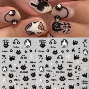 2 pièces Autocollants d'art pour ongles style japonais, motifs mignons de chats noirs, étoiles et dessins animés blancs. Décorations pour ongles, charms DIY. Appliquez une couche de vernis à ongles transparent ou de top coat sur la surface, et vos ongles auront un aspect plus beau et les autocollants dureront plus longtemps.