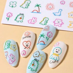 2 feuilles d'autocollants pour ongles au style graffiti de dinosaures de dessin animé, avec des décalcomanies de visage de soleil kawaii et de feuilles d'érable. Décoration de manucure DIY.