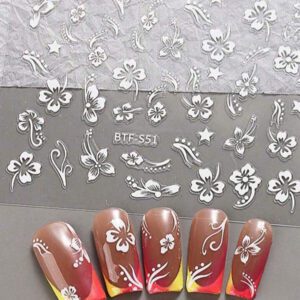 2 pièces Autocollants d'ongles 3D magnolia blanc élégant - Décalcomanies à fleurs à cinq pétales auto-adhésives, convient pour le nail art de mariage et de fête DIY, effet pailleté, usage unique