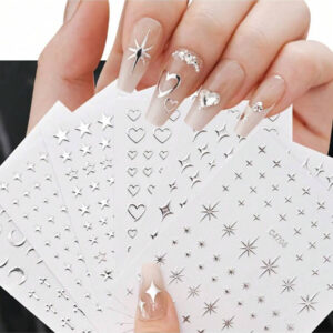 6 pièces Autocollants d'ongle en métal argent Y2K 3D Autocollants d'art d'ongle à étoile métalliques Décalcomanies Autocollants d'art d'ongle en forme de chaîne métallique Verrou de cœur Collier d'ailes d'ange Décalcomanies d'ongle à adhésif automatique Autocollants d'art d'ongle DIY
