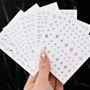 6 pièces Autocollants d'ongle en métal argent Y2K 3D Autocollants d'art d'ongle à étoile métalliques Décalcomanies Autocollants d'art d'ongle en forme de chaîne métallique Verrou de cœur Collier d'ailes d'ange Décalcomanies d'ongle à adhésif automatique Autocollants d'art d'ongle DIY