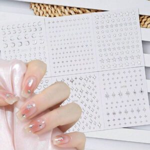 6 pièces Autocollants d'ongle en métal argent Y2K 3D Autocollants d'art d'ongle à étoile métalliques Décalcomanies Autocollants d'art d'ongle en forme de chaîne métallique Verrou de cœur Collier d'ailes d'ange Décalcomanies d'ongle à adhésif automatique Autocollants d'art d'ongle DIY