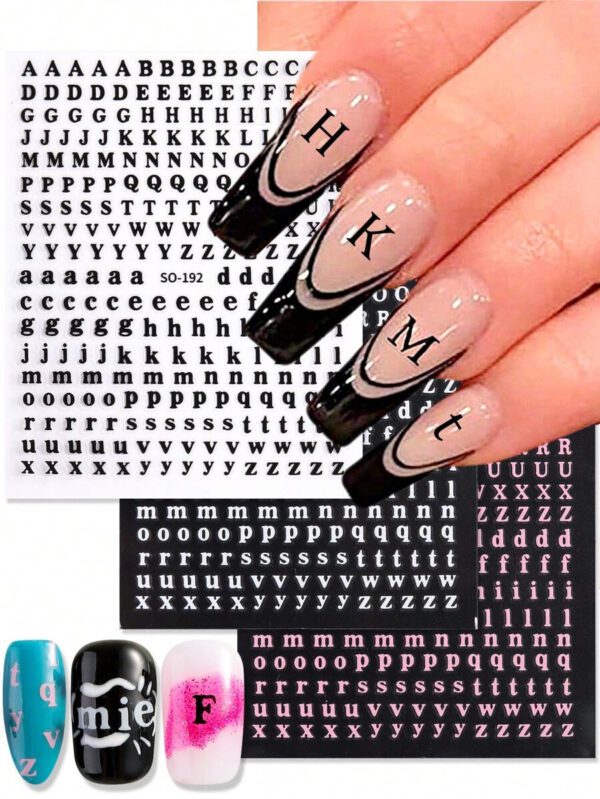Ensemble de 3 pièces Autocollants d'ongle Y2K Style Noir Rose Blanc 3D Lettre simple Motif de dorure Autocollants d'art d'ongle pour une décoration d'art d'ongle de DIY – Image 8