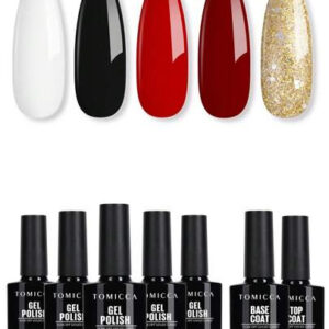 TOMICCA 7 pièces 8 ml Vernis à ongles gel blanc/noir/rouge/doré scintillant + base + top coat, set de vernis à ongles gel à effet longue durée, avec application brosse longue. Convient aux débutants pour une utilisation à la maison, aux salons de manucure professionnels ou comme cadeau. Kit de vernis à ongles gel à séchage UV/LED