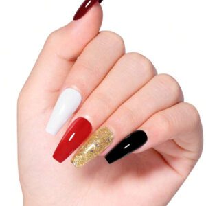 TOMICCA 7 pièces 8 ml Vernis à ongles gel blanc/noir/rouge/doré scintillant + base + top coat, set de vernis à ongles gel à effet longue durée, avec application brosse longue. Convient aux débutants pour une utilisation à la maison, aux salons de manucure professionnels ou comme cadeau. Kit de vernis à ongles gel à séchage UV/LED